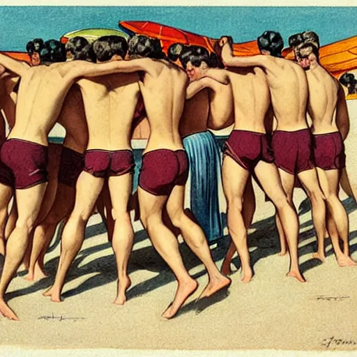 Prompt: 1920s full color illustration by J.C. Leyendecker of handsome male beach volleyball players in a huddle on the beach, volleyball on the ground in between the handsome beach volleyball players