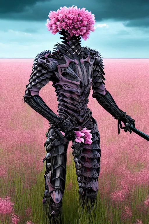 Image similar to hyperrealistic neo - gothic muscular human chimera hybrid, exoskeleton armor, holding katana, standing in a field of pink flowers, highly detailed smooth concept art masterpiece, vitaly bulgarov giger dramatic dark teal light, ground angle hd 8 k, sharp focus