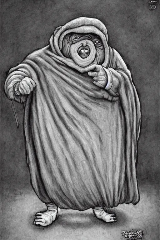 Prompt: a obese gray sniveling rat person wearing a decaying brown cloak, painting by ed binkley