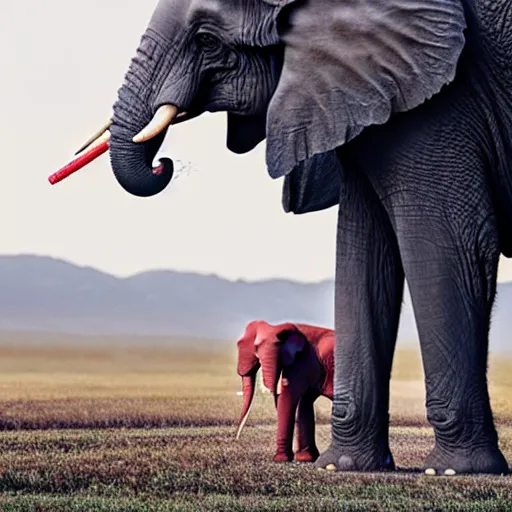 Prompt: a photo of a giant can of red bull with an elephant trying to drink it