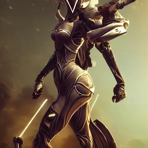 Image similar to highly detailed exquisite fanart, of female warframe, elegant pose, holding a kitgun, epic cinematic shot, DeviantArt, high quality artstation