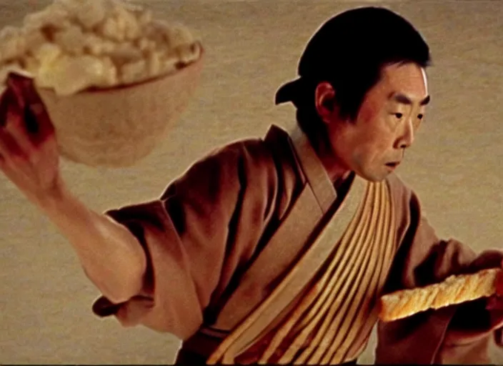 Image similar to a movie still of a samurai slicing through a loaf of bread, a movie by Akira Kurosawa