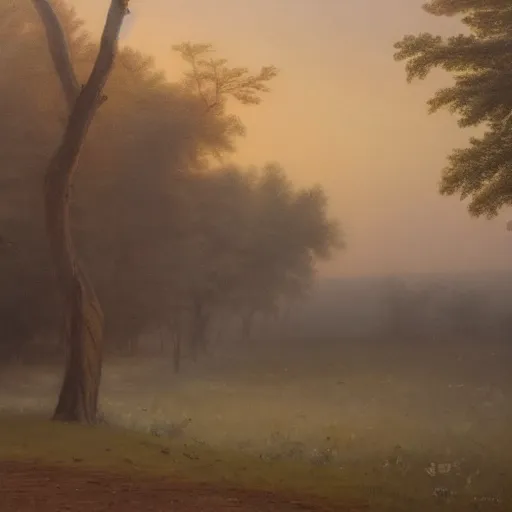 Image similar to an impressive 1 8 0 0 s romanticism - inspired oil painting of a foggy tree line at dawn inspired by liberty leading the people