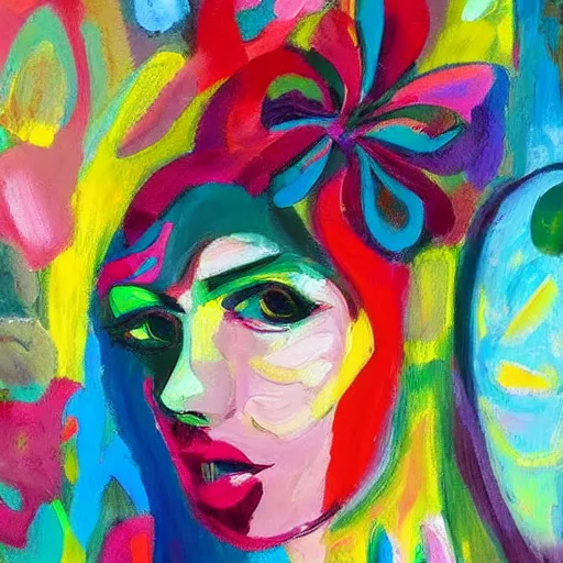 oil painting of lilies and woman portrait in colorful | Stable ...