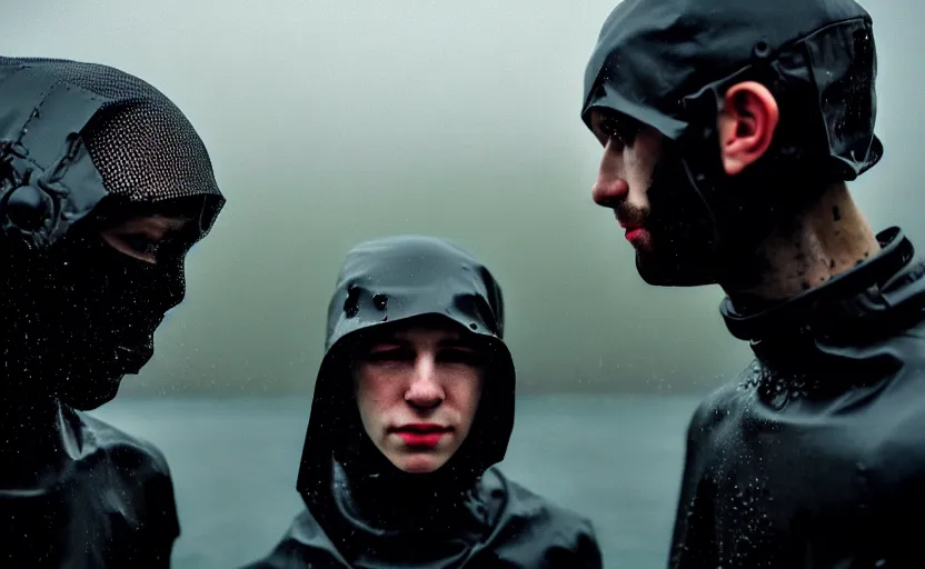 Image similar to cinestill 5 0 d candid photographic portrait by helen levitt of two european mail androids wearing rugged black mesh techwear in treacherous waters, extreme closeup, modern cyberpunk moody depressing cinematic, pouring rain, 8 k, hd, high resolution, 3 5 mm, f / 3 2, ultra realistic faces, ex machina