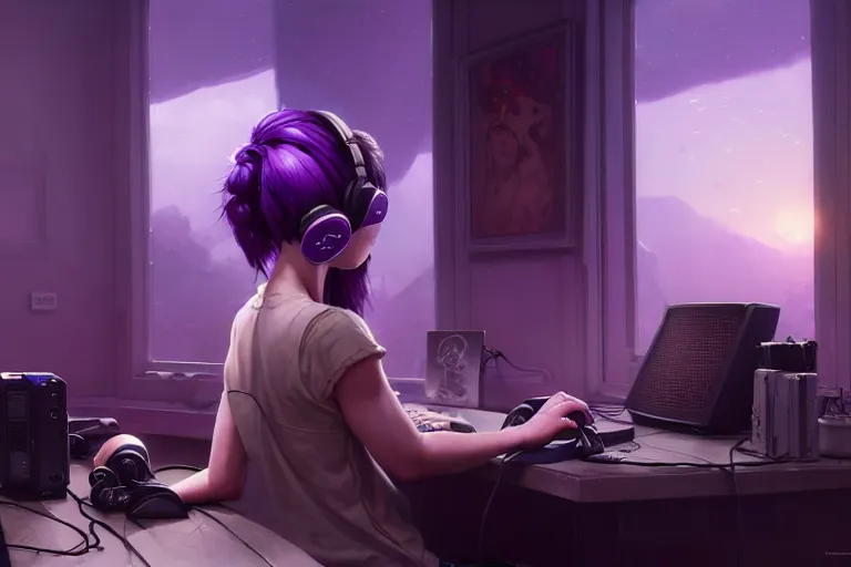 Image similar to wide - shot of stunningly beautiful purple haired female with headphones at home studio streaming computer games late at night, very detailed, 4 k, concept art like ernest khalimov, intricate details, highly detailed by greg rutkowski, ilya kuvshinov, gaston bussiere, craig mullins, simon bisley, backlit