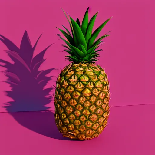 Image similar to 3 d render of a hovering pink pineapple against a pink backdrop with slight sadow underneath ophotorealistic, 4 k, cgsociety, blender, unreal engine 5, sharp details, 3 0 0 dpi