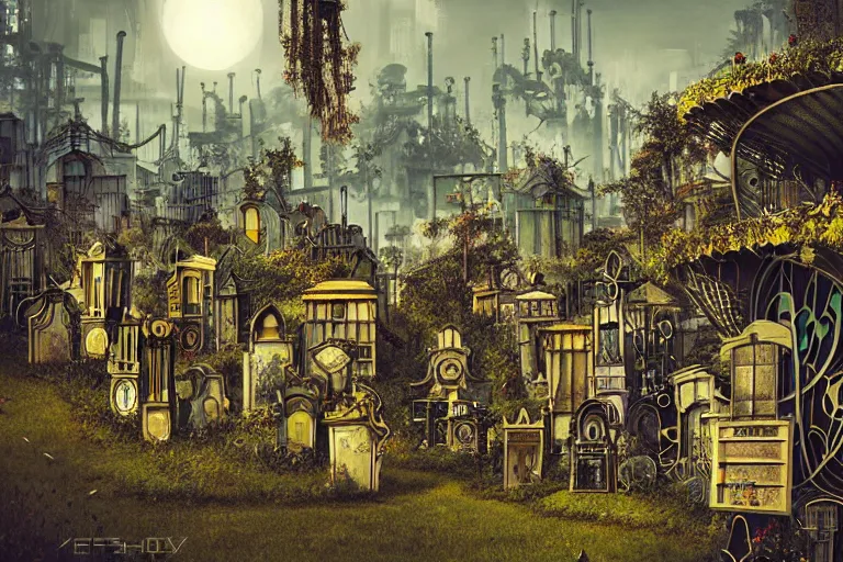 Prompt: elegance futuristic favela graveyard honeybee hive, art nouveau environment, industrial factory, award winning art, epic dreamlike fantasy landscape, ultra realistic,