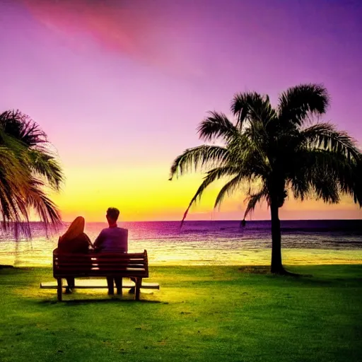 Image similar to a photo of a couple sitting on a park bench looking at a beautiful purple and yellow sunset over the ocean. The sky is green