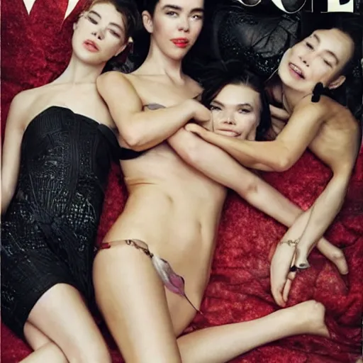 Image similar to stunning vogue magazine photo of dark - haired goddesses vanessa kirby, hailee steinfeld, and bjork smiling, legs intertwined, laying back on the bed, surrounded by adult toys, with wet faces!!, wet lips, smooth skin, perfect eyes, insanely detailed, elegant, by wlop, rutkowski, livia prima, mucha, wlop,