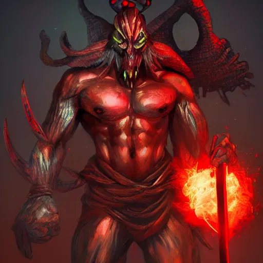 Image similar to mutant man with sword, fantasy boss, dramatic illustration, muscular character, a lot of blood, huge horns, digital art, artstation