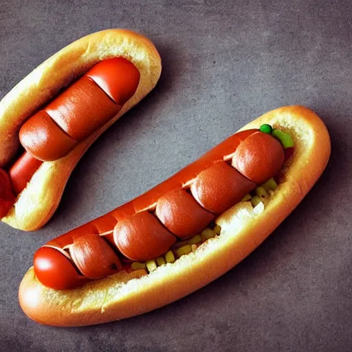 Prompt: a hotdog biting its tail
