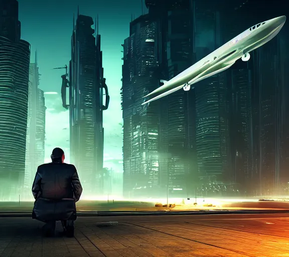 Image similar to man waits for futuristic sci fi jet landed at runway of cyberpunk city, night photo ,dark cinematic lighting , digital concept art