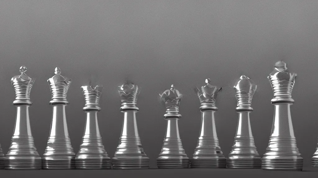 Image similar to 3d rendering, studio shot of full body portrait of metal chess pieces in a row, hyper realistic detailed, rim light