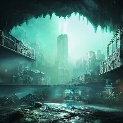 Image similar to “realistic image of city in a giant underground cave, bioluminescence, mushrooms, crystals, roots, Artstation HQ, photorealistic, hiperrealistic, 4k UHD, Unreal Engine 5, cinematic shot, cinematic lightning, dark tones, high contrast, masterpiece”