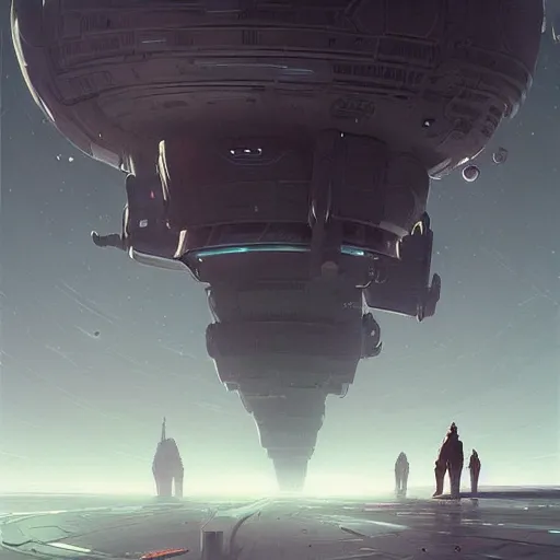 Image similar to professional ominous concept art of a sci - fi space ship touching down at a space station by artgerm and greg rutkowski. an intricate, elegant, highly detailed digital painting, concept art, smooth, sharp focus, illustration, in the style of simon stalenhag wayne barlowe, igor kieryluk.