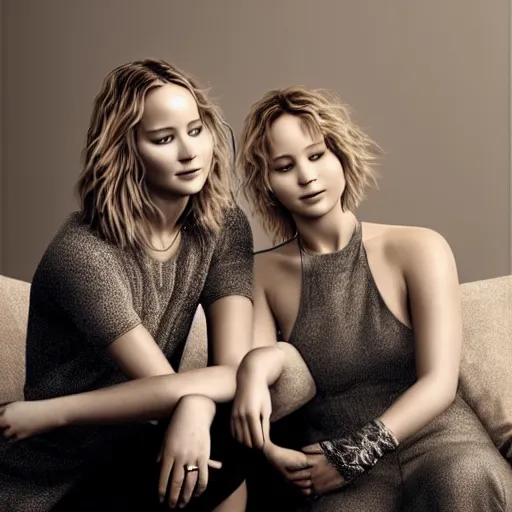 Image similar to beautiful serene intricate portrait of jennifer lawrence and jennifer lawrence, smiling softly, wearing casual clothes, chatting and laughing on the couch, interior lighting, peaceful living room interior, soft focus, 8 k, art by irakli nadar, hyperrealism, hyperdetailed, ultra realistic