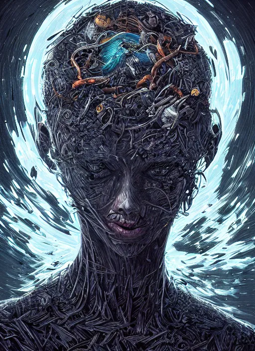 Image similar to nest on human head, open mouth, cruelty, pain, black crows, light effect, hyper detailed, intricate, elegant, highly detailed, digital painting, artstation, concept art, matte, sharp focus, illustration, by dan mumford, yusuke murata, makoto shinkai, ross tran