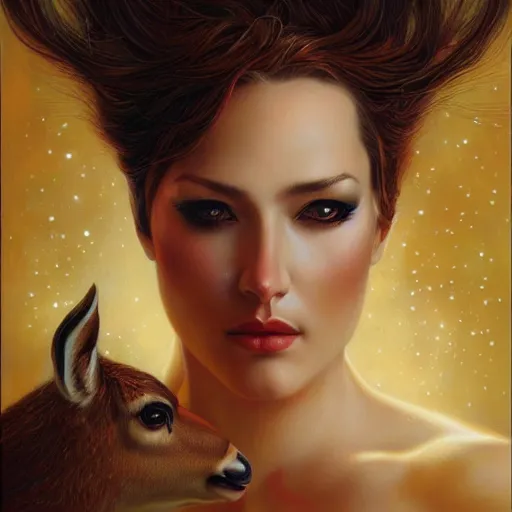 Prompt: a dramatic portrait of a woman showing affection to deer, cinematic lighting, symmetric face, by karol bak, artgerm