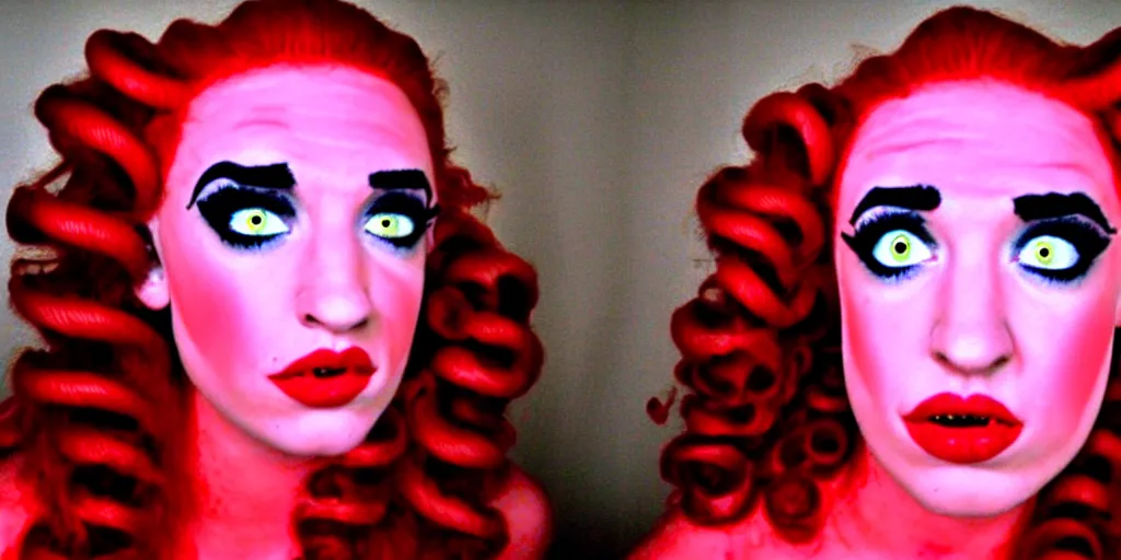 Image similar to camcorder video of young woman as medusa as miranda sings, multiple poses, 6 4 0 x 4 8 0 low resolution video