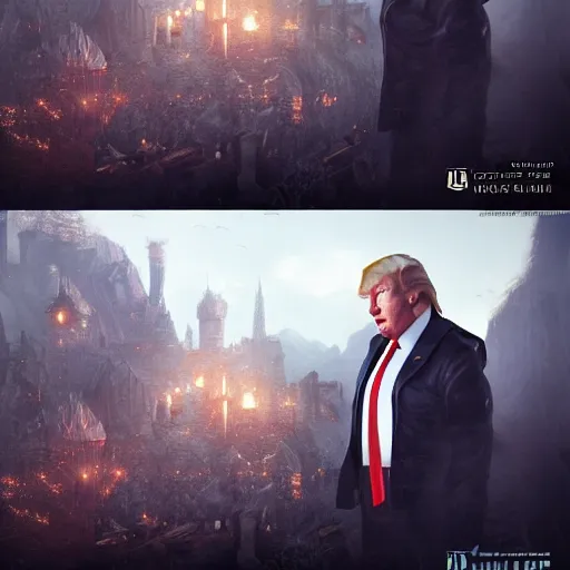Image similar to donald trump is the witcher, hyper detailed, digital art, trending in artstation, cinematic lighting, studio quality, smooth render, unreal engine 5 rendered, octane rendered, art style by klimt and nixeu and ian sprigger and wlop and krenz cushart.