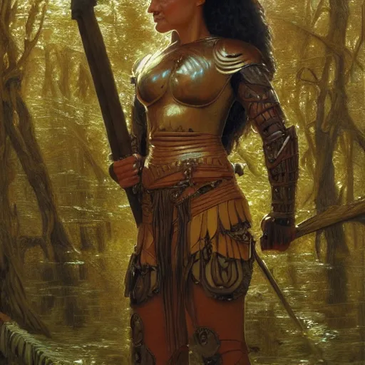 Prompt: a detailed, beautiful oil painting of a warrior woman who looks like keisha castle hughes, wearing intricate, etched copper armor in an ancient forest, by michael whelan, donato giancola, and william adolphe bouguereau