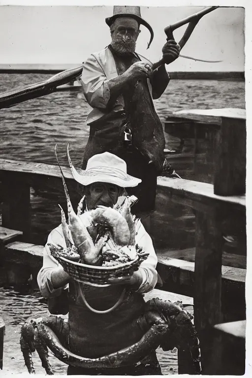 Image similar to the gortons fisherman at red lobster eating a lobster, in the style of eugene atget and peter witkin