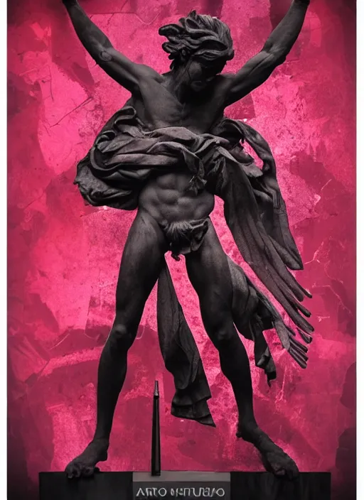 Image similar to dark design poster showing a beautiful greco roman statue, black background with very subtle red and purple design elements, powerful, nekro, vito acconci, thin straight lines, dark, glitch art, neo vaporwave, gritty, layout frame, square, trending on artstation