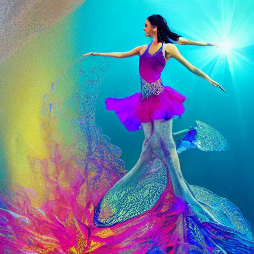 Image similar to woman dancing underwater wearing a flowing dress made of many layers of blue, magenta, and yellow translucent lace, elegant coral sea bottom, swirling silver fish, refracted light, crystals, cycles render, caustics lighting from above, cinematic