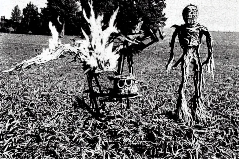 Image similar to disturbing screaming scarecrow from the early 1 9 0 0's burning down the cornfields