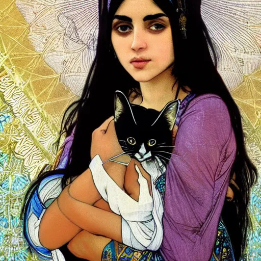 Image similar to cute emo moroccan woman, with long dark hair, thick eyebrows!!! dark eyes and dark circles!, wide nose!!!, big eyes, oval face shape, big cheeks!, she is holding a cat in her arms, by juan villafuerte, greg rutkowski and alphonse mucha, pexels contest winner, high quality photo, hd rtx