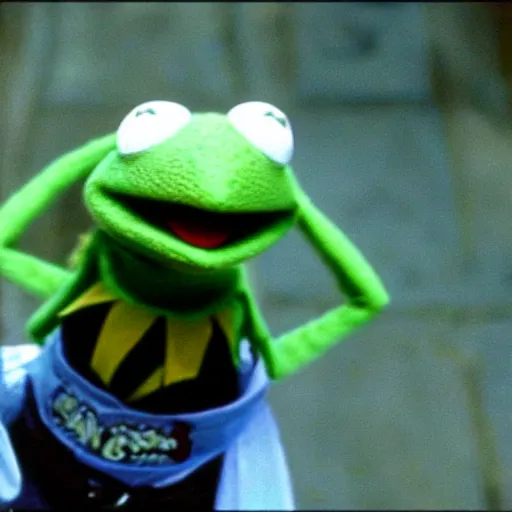 Image similar to Kermit the frog in a scene from the film The Matrix