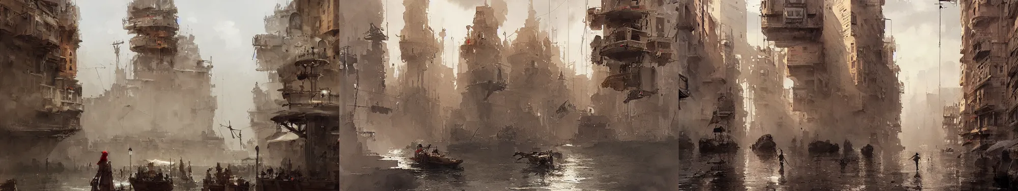 Prompt: Italian mediterranean city, papyrus, watercolored, dieselpunk, jakub rozalski, artstation