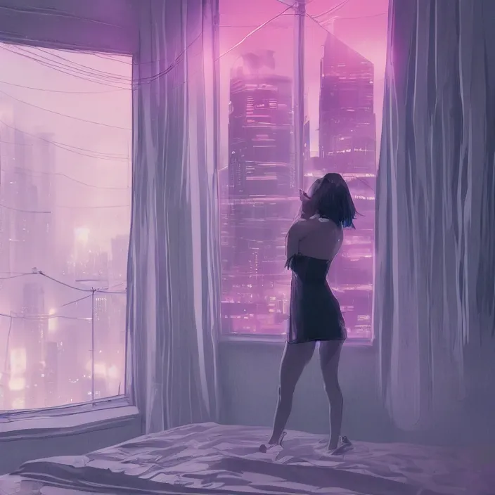 Image similar to dancing girl wearing a gown, short hair, bed room, cyberpunk city view out of the window, no lights in bedroom, bright neon lights from the city, elegant, highly detailed, artstation, soft lights, night, fog, sharp focus