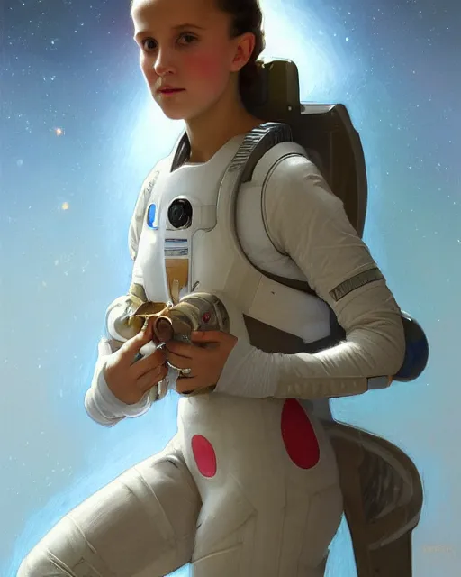 Prompt: a portrait painting of a shy, blushing 1 6 - year old alicia vikander or millie bobby brown, backlit, wearing a futuristic space suit in a space station, elegant, highly detailed, artstation, concept art, by krenz cushart and donato giancola and william adolph bouguereau and alphonse mucha