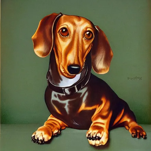 Prompt: very detailed portrait of a very happy dachshund, with a big smile, Norman Rockwell, Anne Geddes, 8k