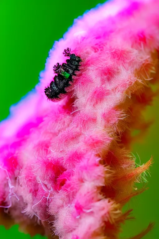 Image similar to high quality macro photo translucent fluffy caterpillar! gorgeous highly detailed hannah yata elson peter cinematic pink lighting high quality low angle hd 8k sharp shallow depth of field