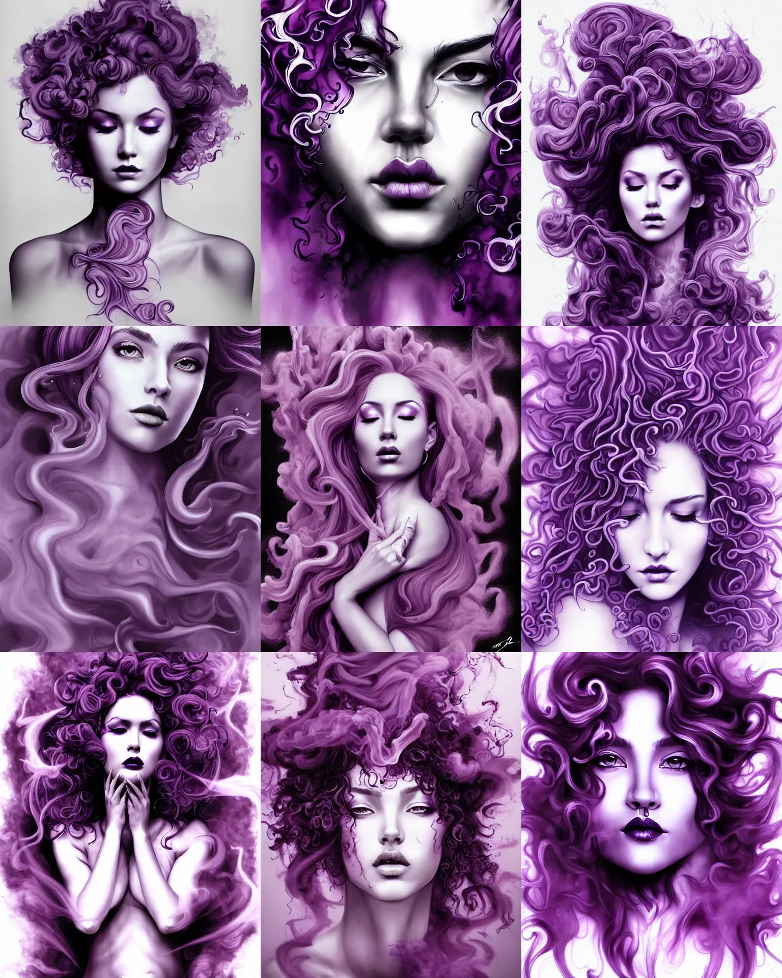 Prompt: beautiful priestess with curly mauve hair, ink smoke swirling fluid, artgerm, photorealism, portrait