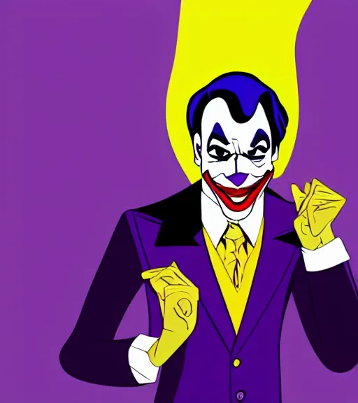 Image similar to joker wearing purple suit, yellow background, disney movie poster style, animation