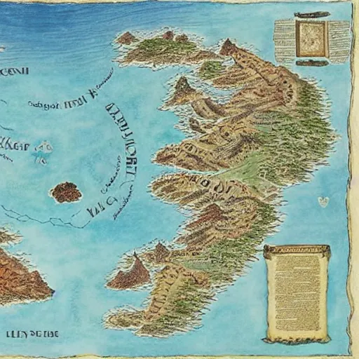 Prompt: A map of a large island, coloured pencils and ink, beautiful, highly detailed, in the style of Middle Earth Lord of the Rings