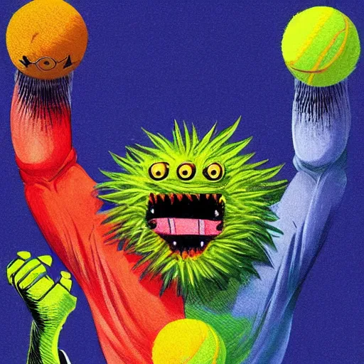 Image similar to a tennis ball monster is a super hero, digital art, fantasy, magic, chalk, trending on artstation, ultra detailed, professional illustration by basil gogos