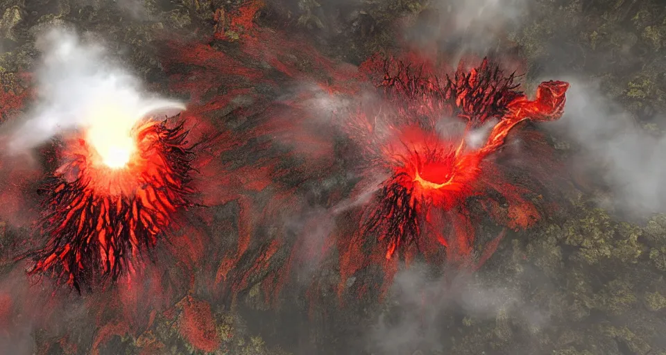 Image similar to a volcano made of ivory vines and crimson rocks enters in eruption, it spits a smoke in the shape of demonic eye, from Lineage 2