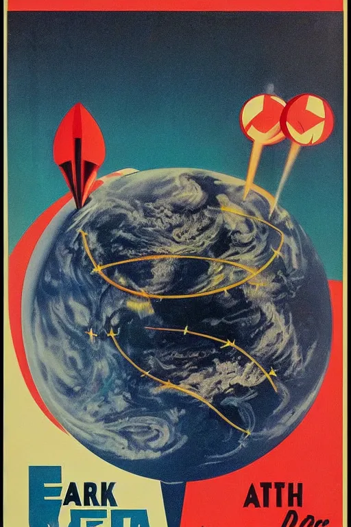 Image similar to poster of earth, 1 9 5 0 s style, futuristic design, dark, symmetrical, washed out color, centered, art deco, 1 9 5 0's futuristic, glowing highlights, intense