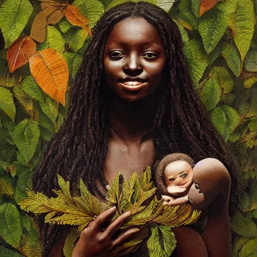 Prompt: dark skinned woman holds a living doll made out of leaves and wool, art by howard david johnson