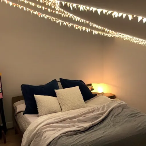 Image similar to a day trader named jay putting up nanoleaf lights in his bedroom