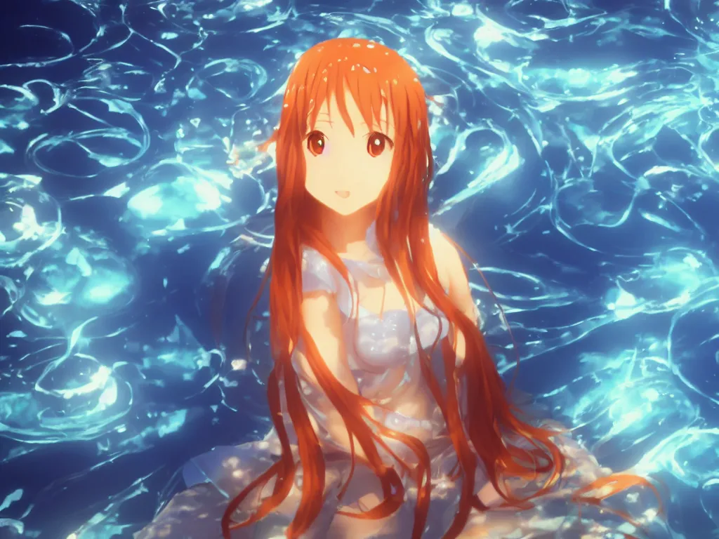 Prompt: dreamy portrait of a beautiful Asuna from Sword Art Online, anime, swimming underwater around bioluminiscent jellyfishes and fishes, volumetric lighting, smooth 4k