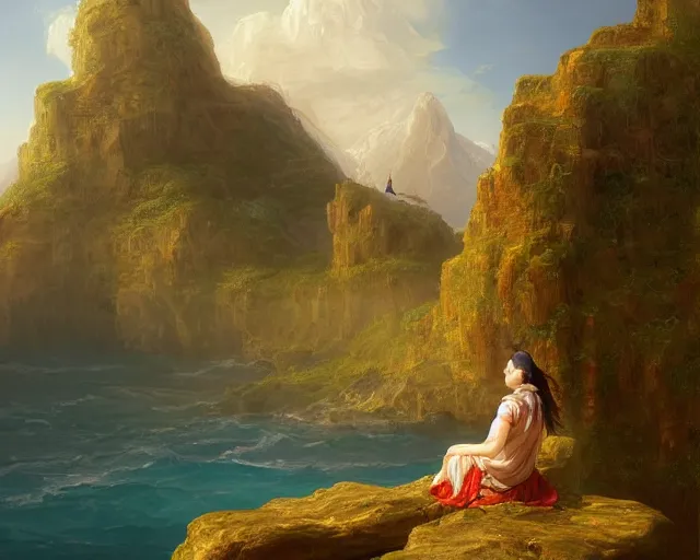 Image similar to an oil painting of a woman sitting on a rock overlooking an island, a digital painting by thomas cole, cgsociety, metaphysical painting, 2 d game art, storybook illustration, detailed painting