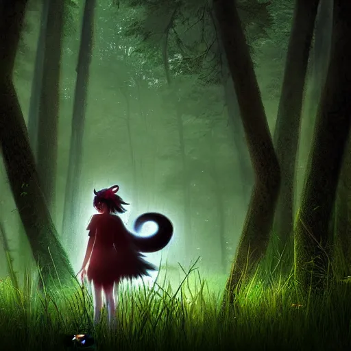 Prompt: a princess mononoke photograph in the woods at night, overgrown grass, dramatic, animals, gloomy, volumetric light, ground mist, featured on art station