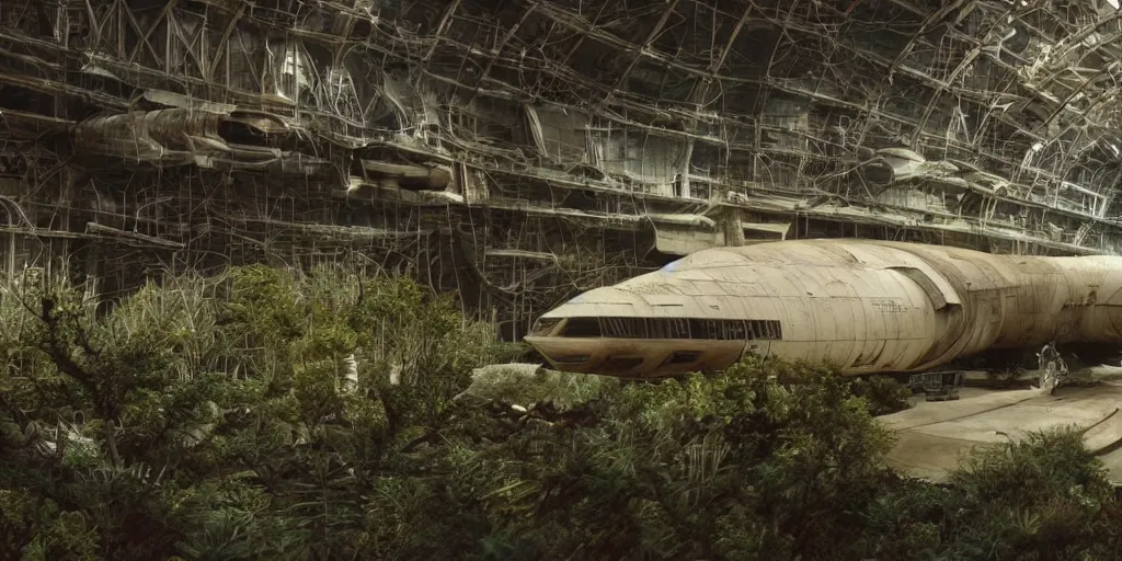 Prompt: film still of a rusty space freighter in a hangar, desolate mining planet, aerodynamic parked space ship, ridley scott, overgrown with dusty plants, beige light, screenshot from a 1 9 8 0 s sci - fi film,