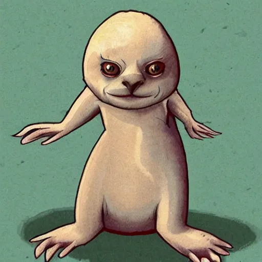 Image similar to bipedal albino amphibious otter seal alien creature with big eyes and a fat tail, speculative biology, big eyes